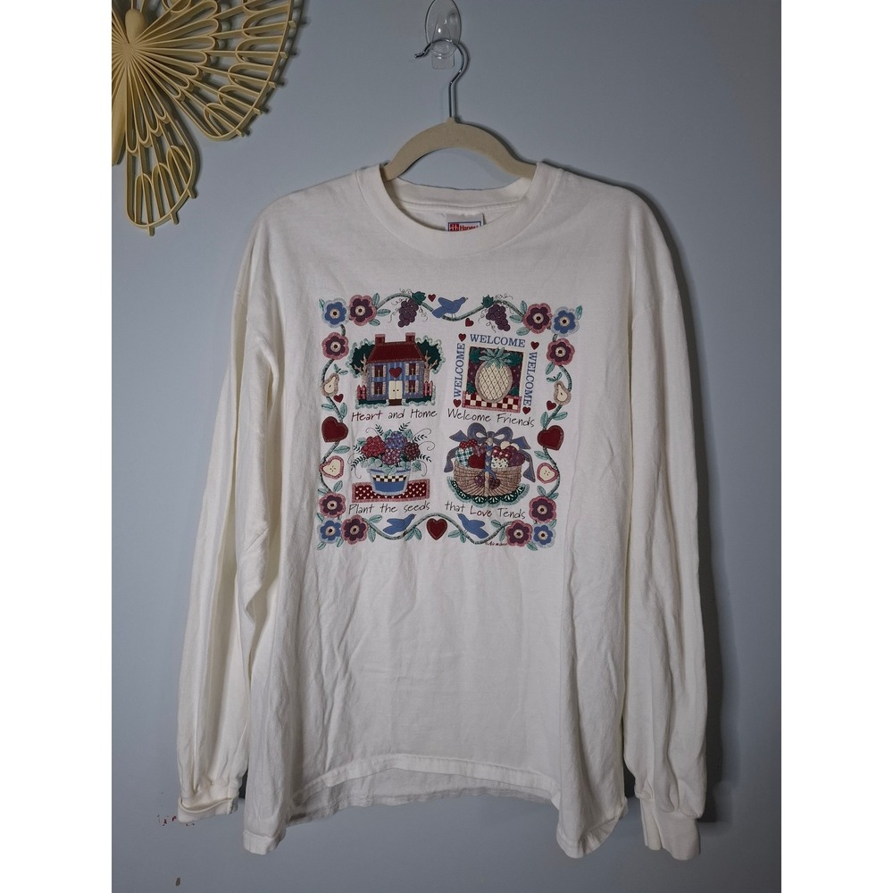 Vintage Hanes Beefy-T White Long Sleeve Heart and Home Graphic Tee Large